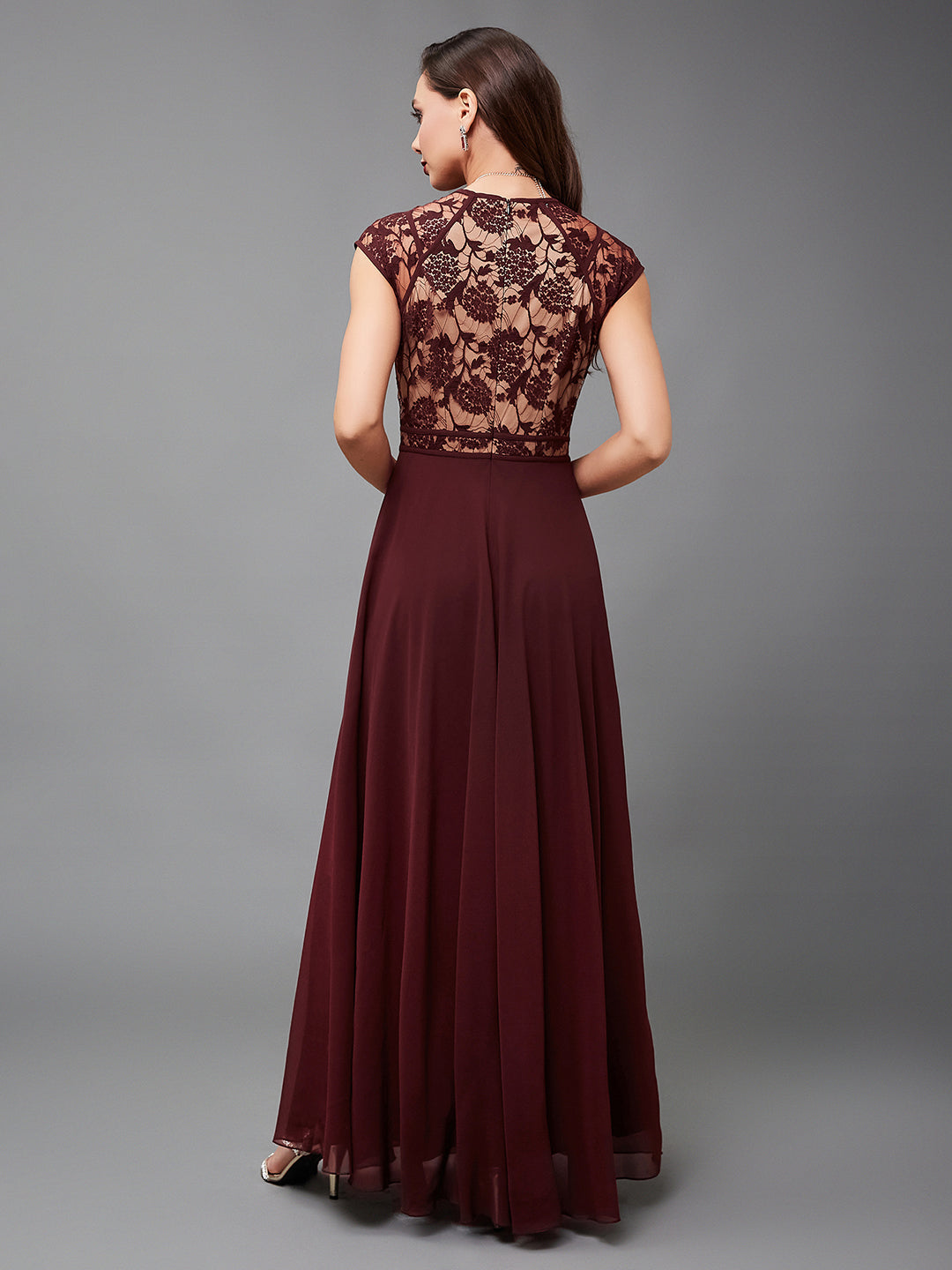 Wine Floral Cap Sleeves Fit and Flare Lace Maxi Dress Long Dress Frock for Women