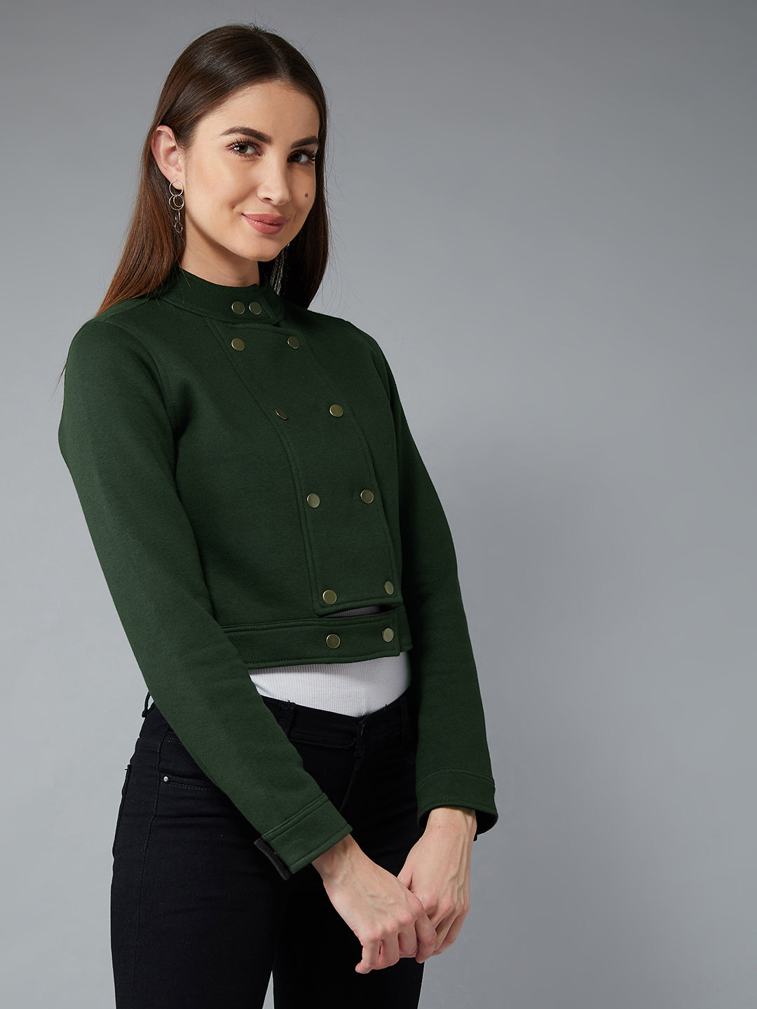 Women's Green Round Neck Full Sleeves Cotton Paneled Cropped Jacket