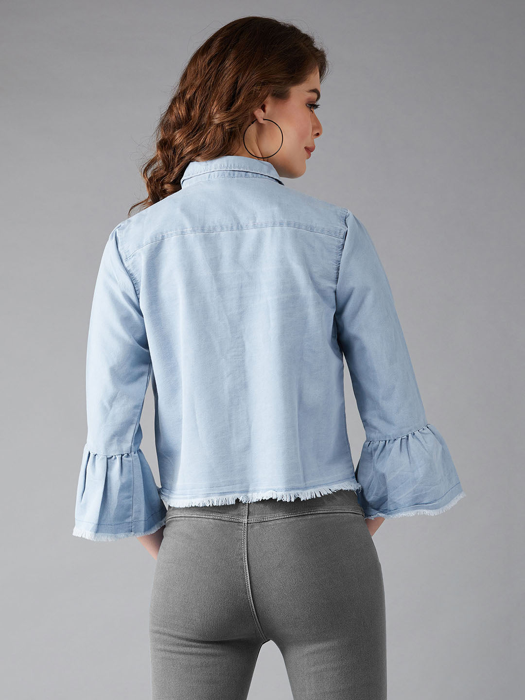 Women's Light Blue Polo Neck Ruffled Full Sleeve Solid Regular Length Open Front Denim Jacket