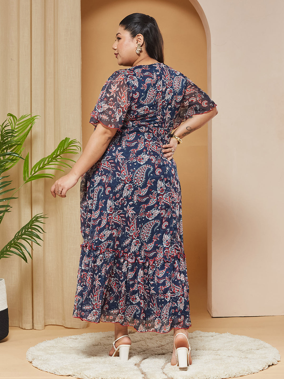 Multicolored Navy Floral Wrap Chiffon Maxi Dress with Flutter-Sleeves & Frilled Hem for Women