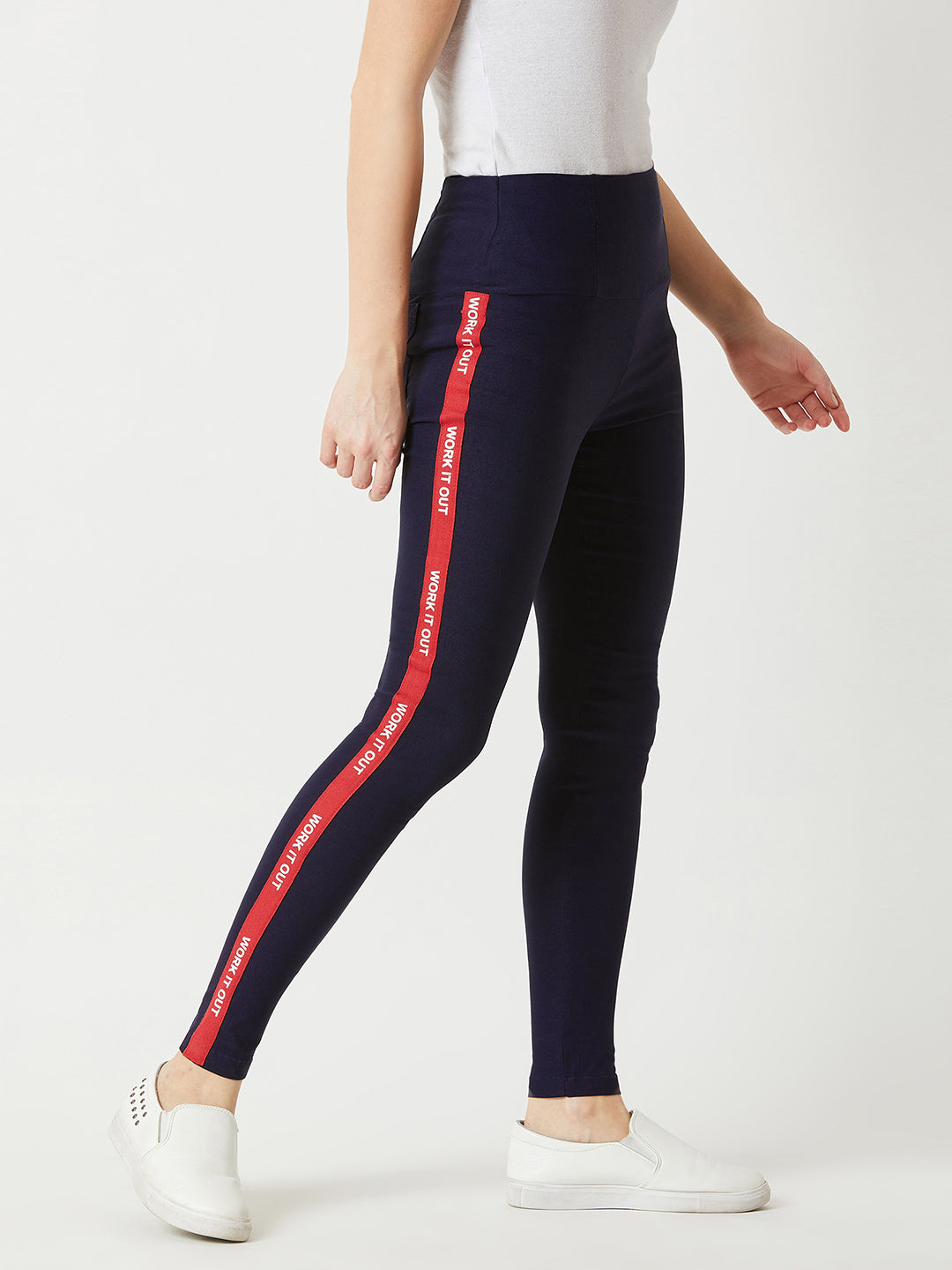 Women's Navy Blue Twill Tape Detailing Solid High Waist Regular Length Patch Pocket Jeggings