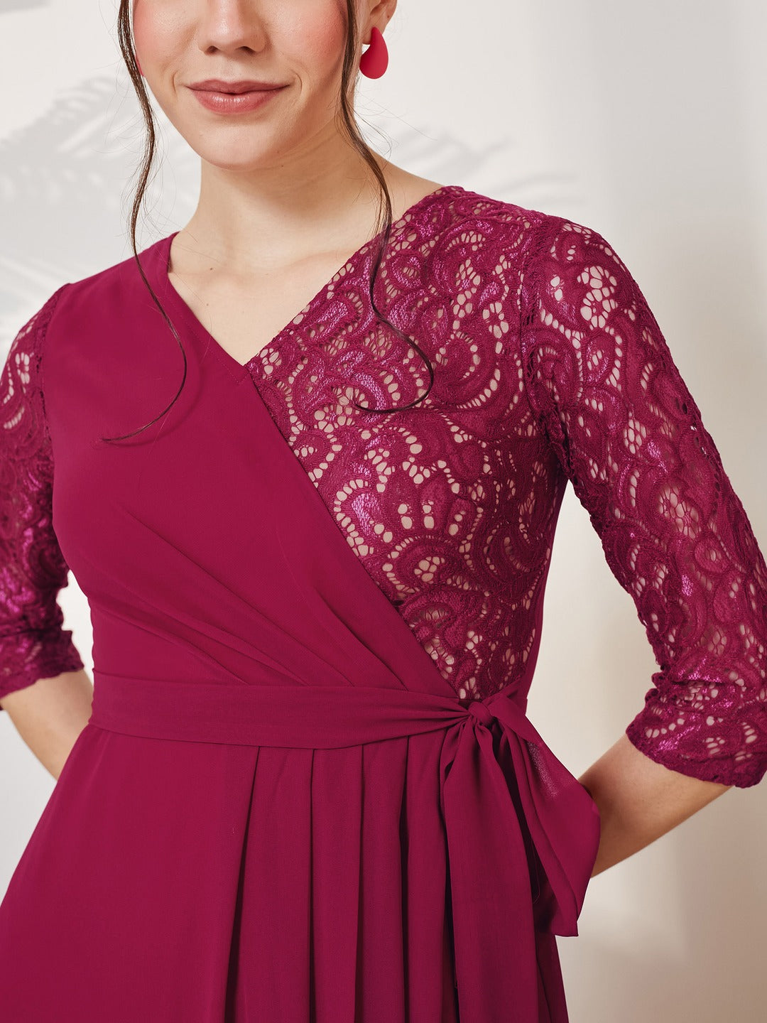 Dark Pink Colored V-Neck Three-Quarter Sleeve Self-Designed Wrap Maxi Georgette Dress for Women
