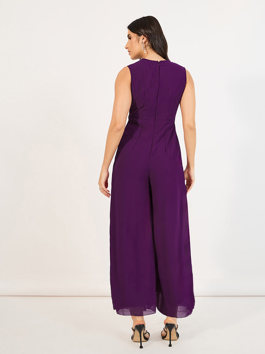 Women's Dark Purple Solid Relaxed Fit Sleeveless Round-Neck Ankle-Length Straight Jumpsuit