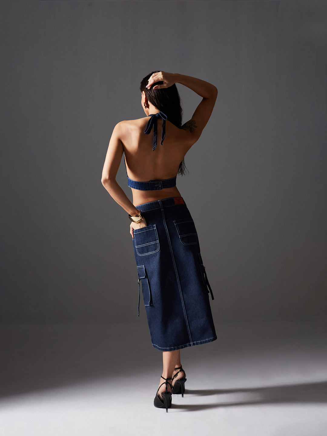 Women's Navy Blue Straight High-Rise Midi Denim Cargo Skirt