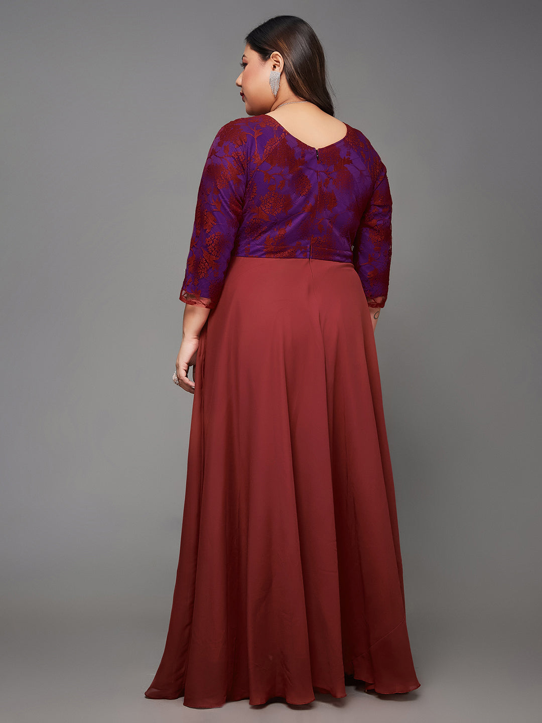 Brick Red Long Sleeves Lace Empire Maxi Dress Long Dress Gown Frock for Women | Birthday Dresses