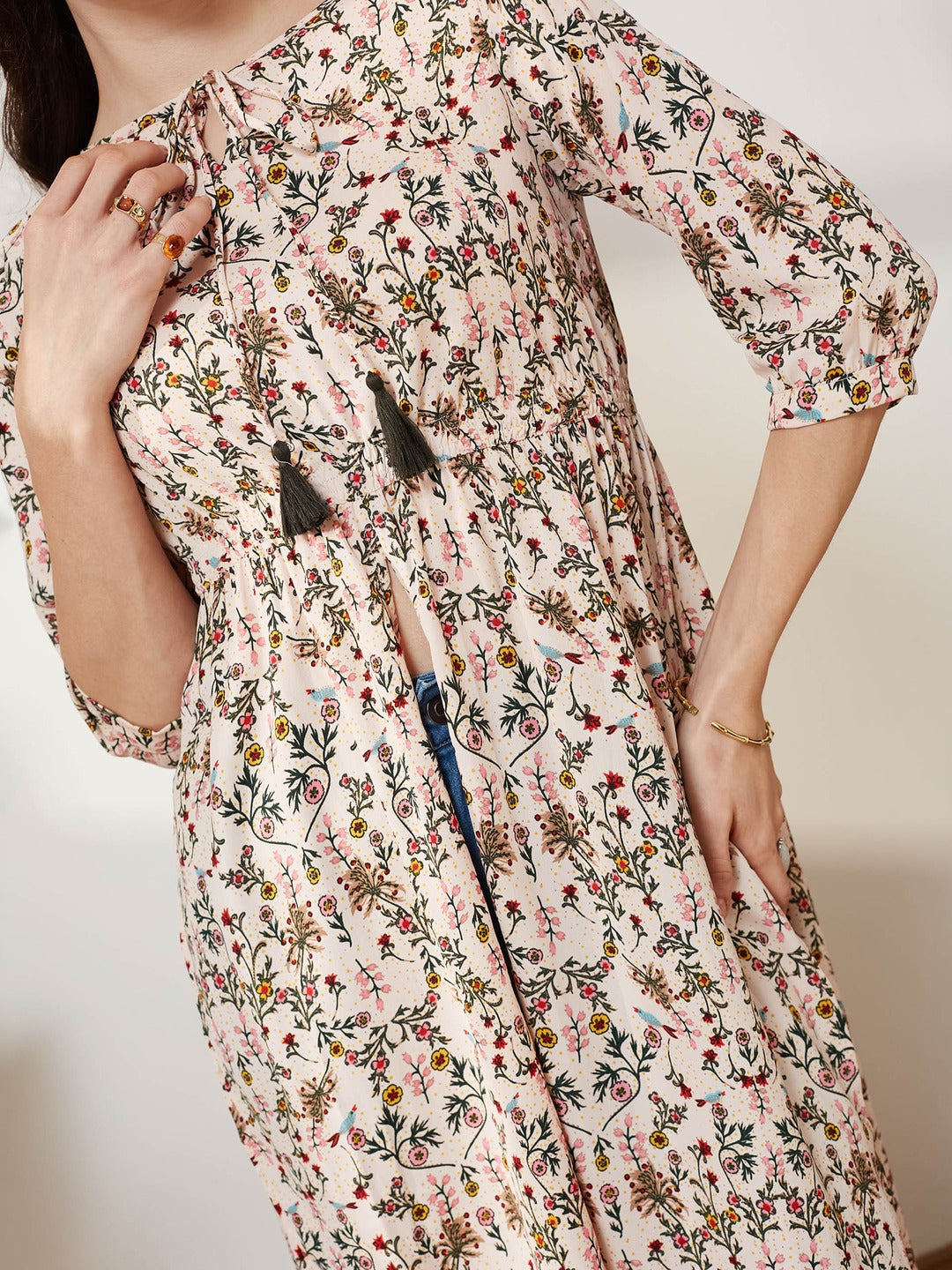 Round Neck 3/4 Sleeve Floral Tie-Up Tassel Detailing Front Slit Maxi Top for Women