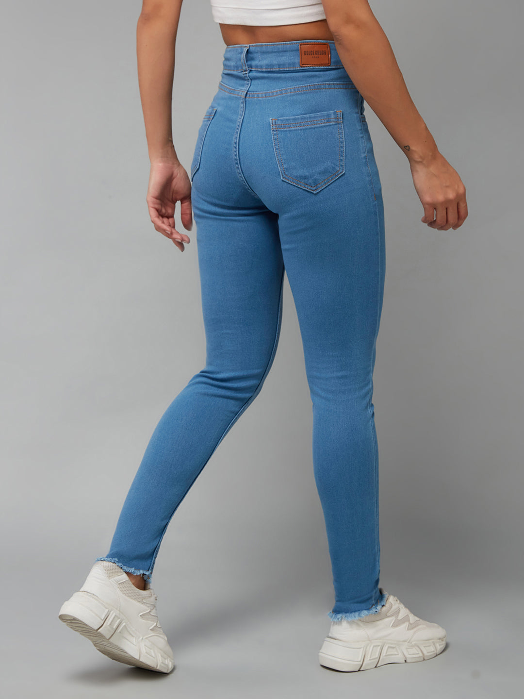 24/7 Comfort Blue Skinny Solid High-Rise Cropped Fringed Hemline Detailing Stretchable Denim Jeans
