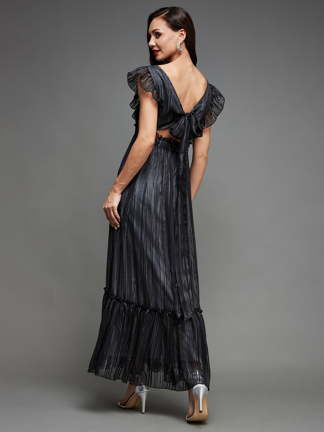 Black Ruffled Sleeves Shimmery Maxi Dress Long Dress Frock