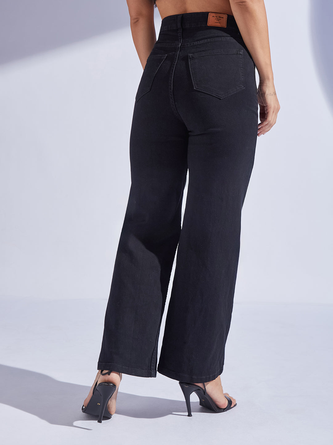 Women's Black Wide-Leg High-Rise Hand Painted Skeleton Art Stretchable Denim Jeans