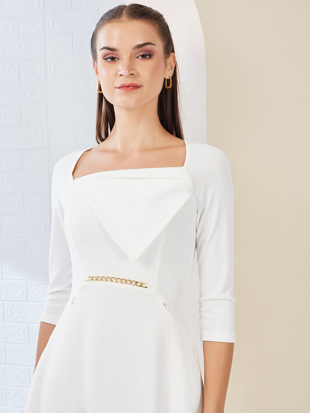 Off White Solid Square Neck Raglan Sleeves Side Pocketed Polyester Fit and Flare Knee-Length Dress for Women
