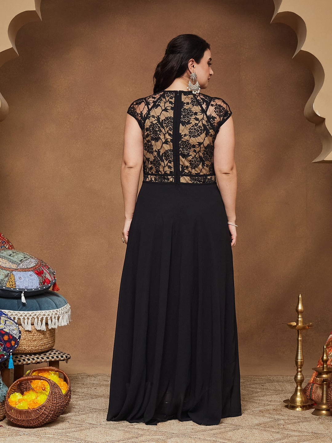 Black Floral V - Neck Cap Short Sleeves Lace Overlaid Fit & Flare Paneled Maxi Dress for Women