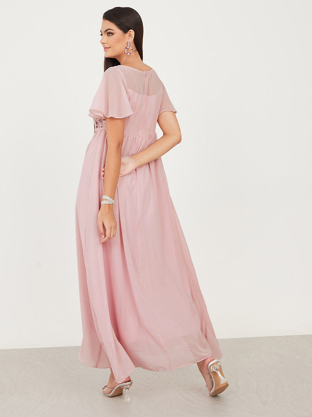 Women's Blush Pink Embellished Gathered Maxi Dress