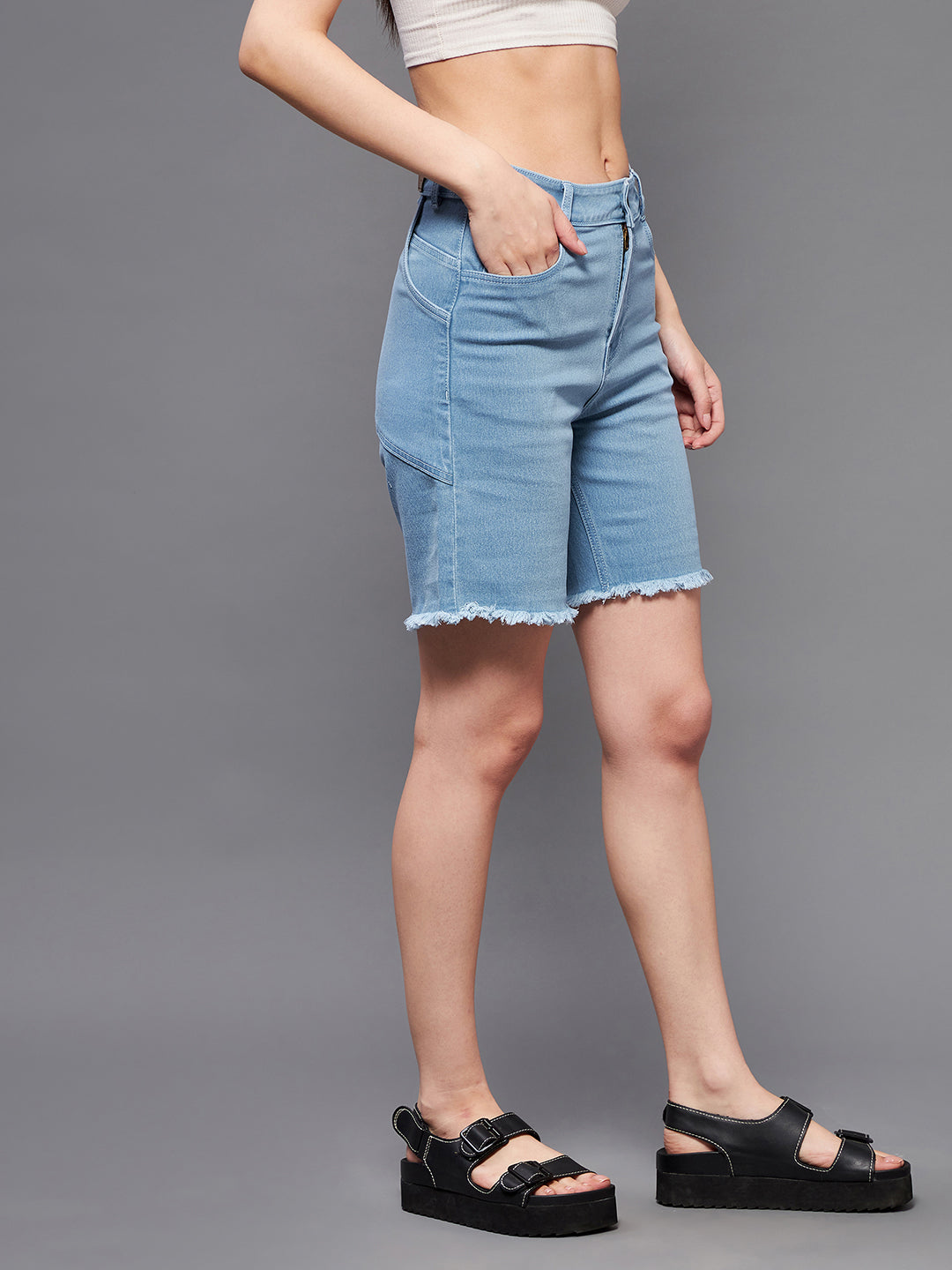Light-Blue Regular High-Rise Clean-Look Above Knee Stretchable Denim Shorts for Women