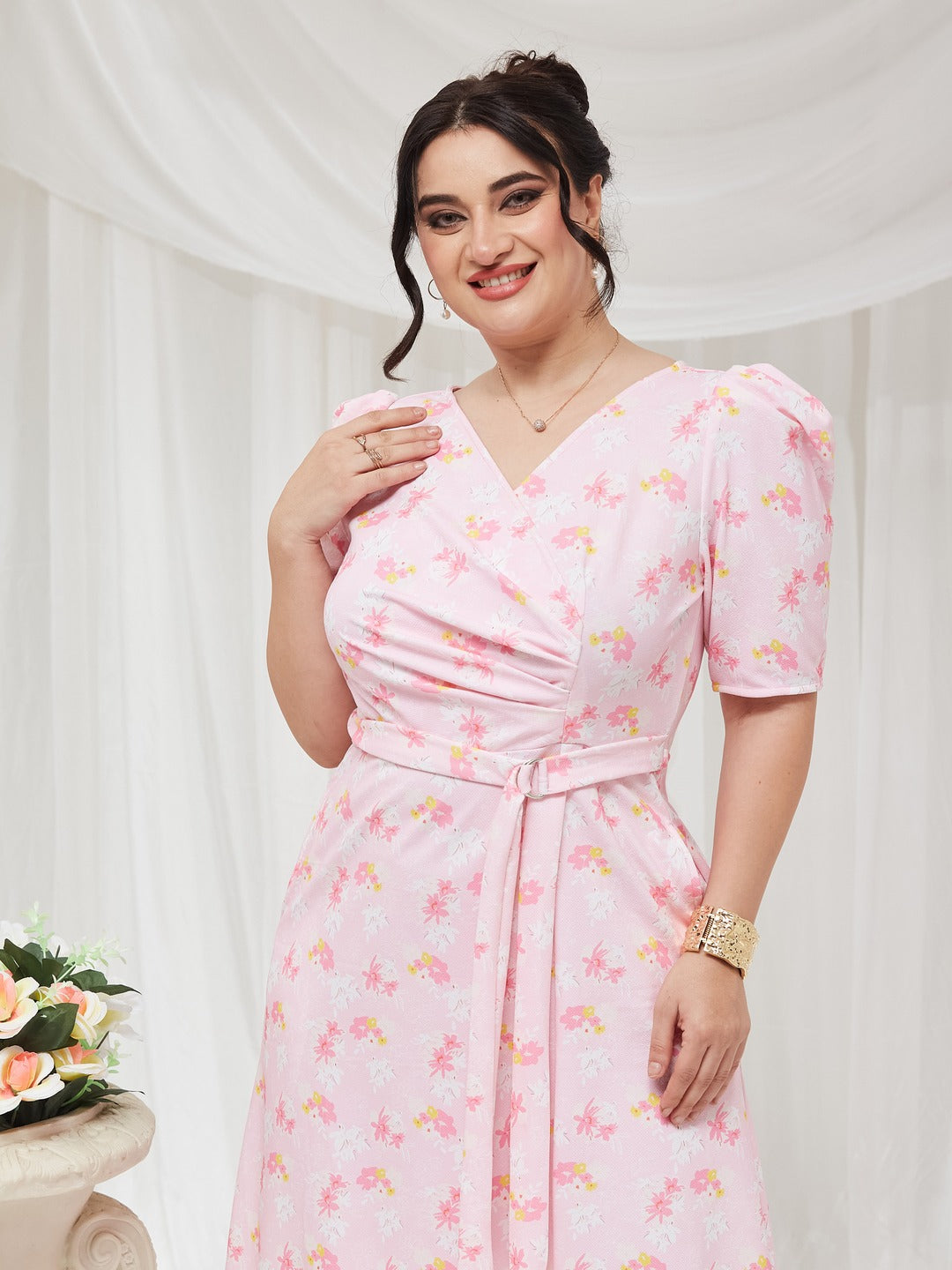 Pink V-neck Puff Sleeve Floral Wrap Midi Dress for Women — Miss Chase A+