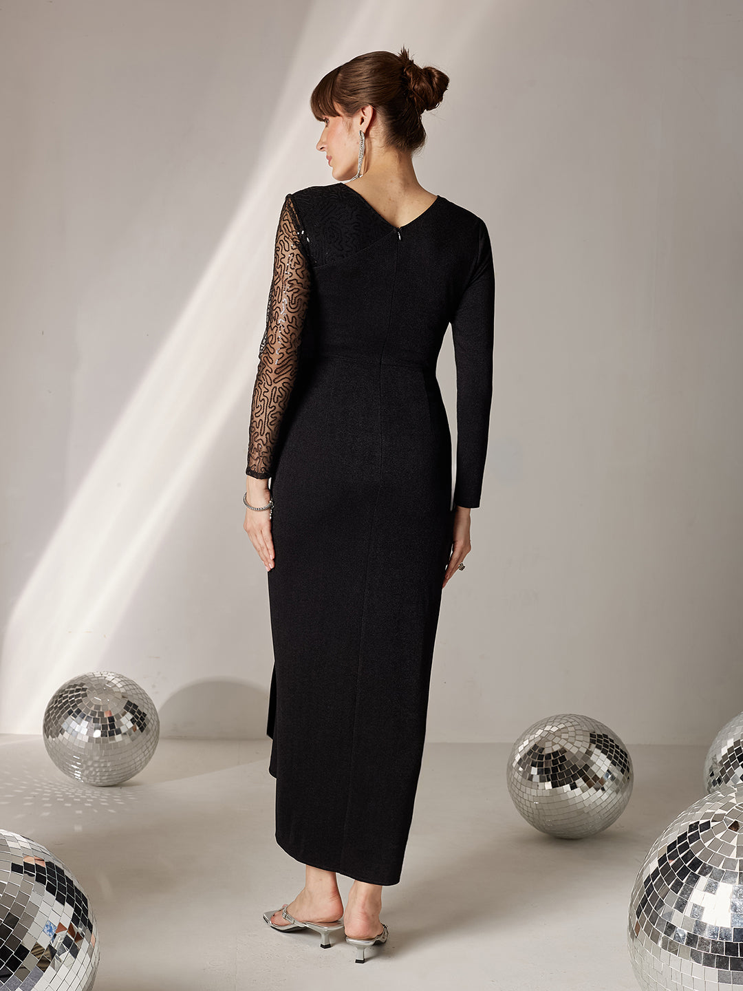 Women's Black V-Neck Full Sleeve Embellished Pleated Longline Dress