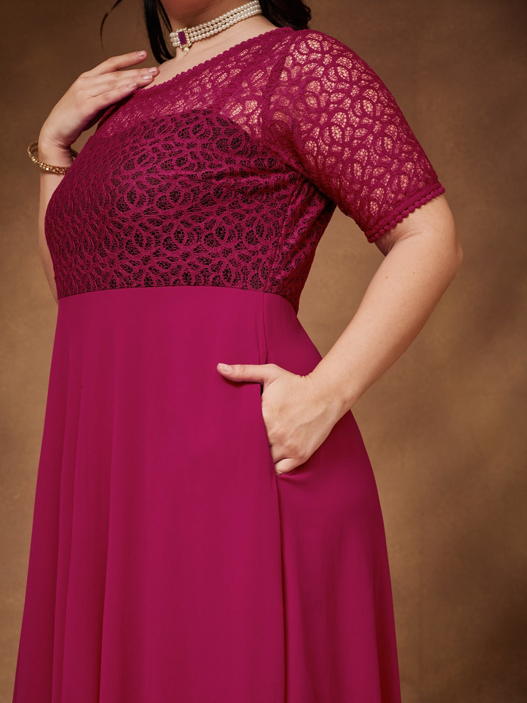 Dark Pink Round neck Half Sleeve Solid Lace Overlaid Maxi Dress for Women — Miss Chase A+