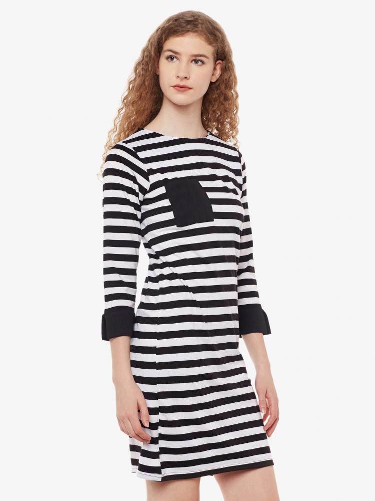Black & White Round Neck 3/4 Sleeves Mini Dress for Women — Miss Chase