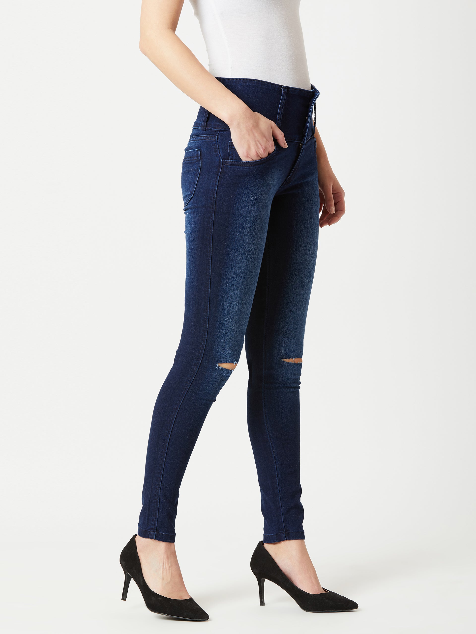 Women's Navy-Blue Skinny-Fit High-Rise Double Knee-Slit Stretchable High-Rise Denim Jeans
