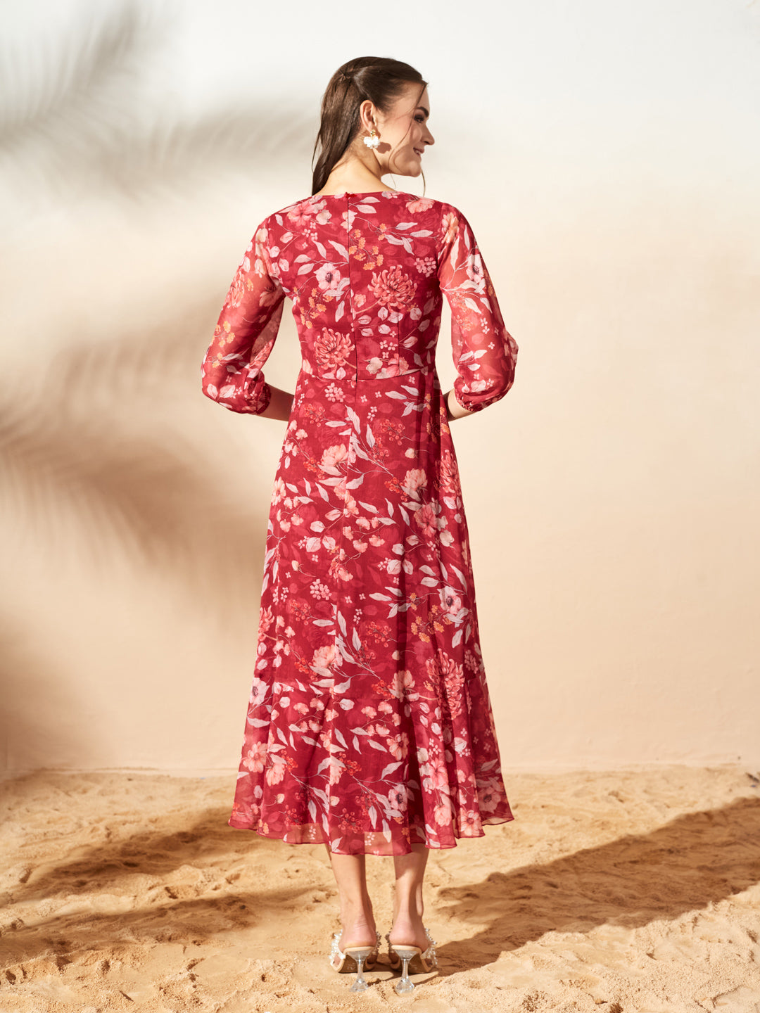 Women’s Multicolored Maroon Floral V-Neck 3/4 Sleeve Wrap Midi Chiffon Dress for Women — Miss Chase