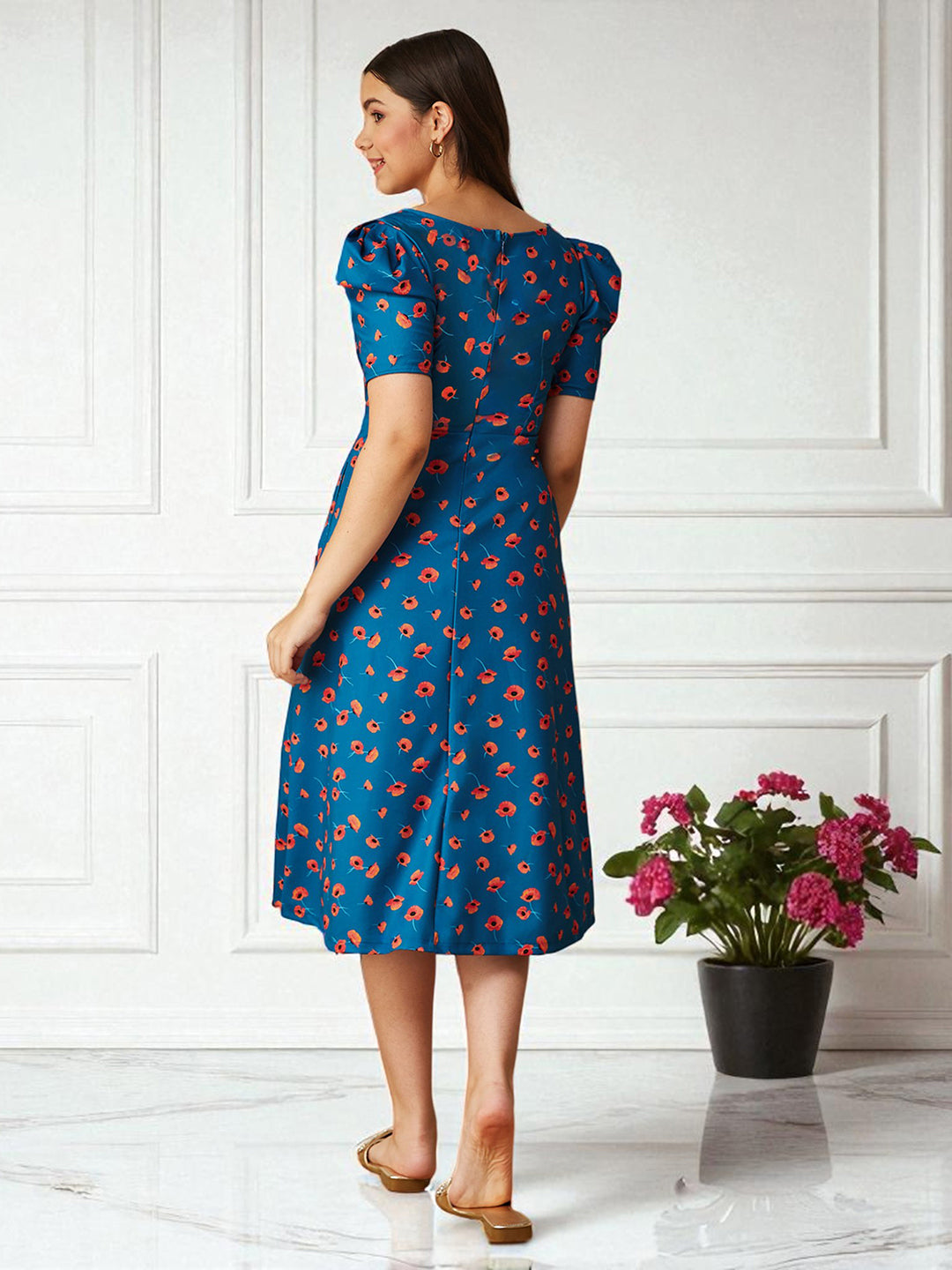 Multicolored-Base-Blue V-Neck Pleated Puff Sleeve Floral Patterned Wrap Midi Polyester Dress for Girls/Teenagers for Women — Mizuki