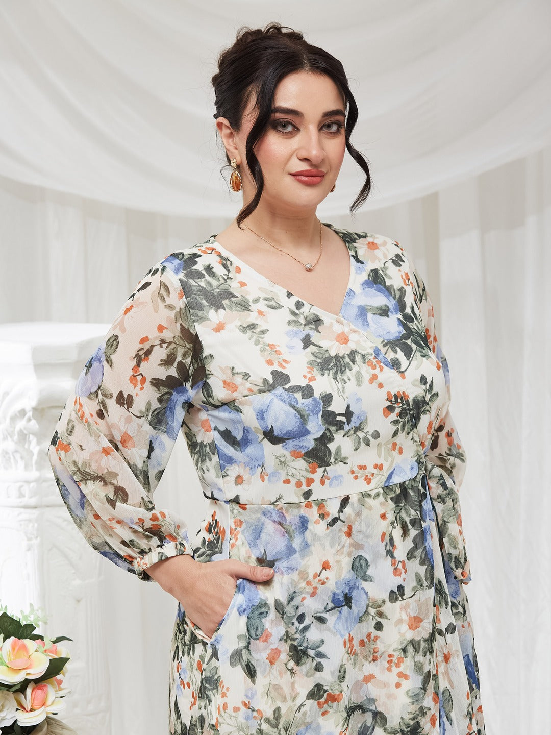 Off White V-Neck Three-Quarter Sleeve Floral Wrap Chiffon Midi Dress for Women