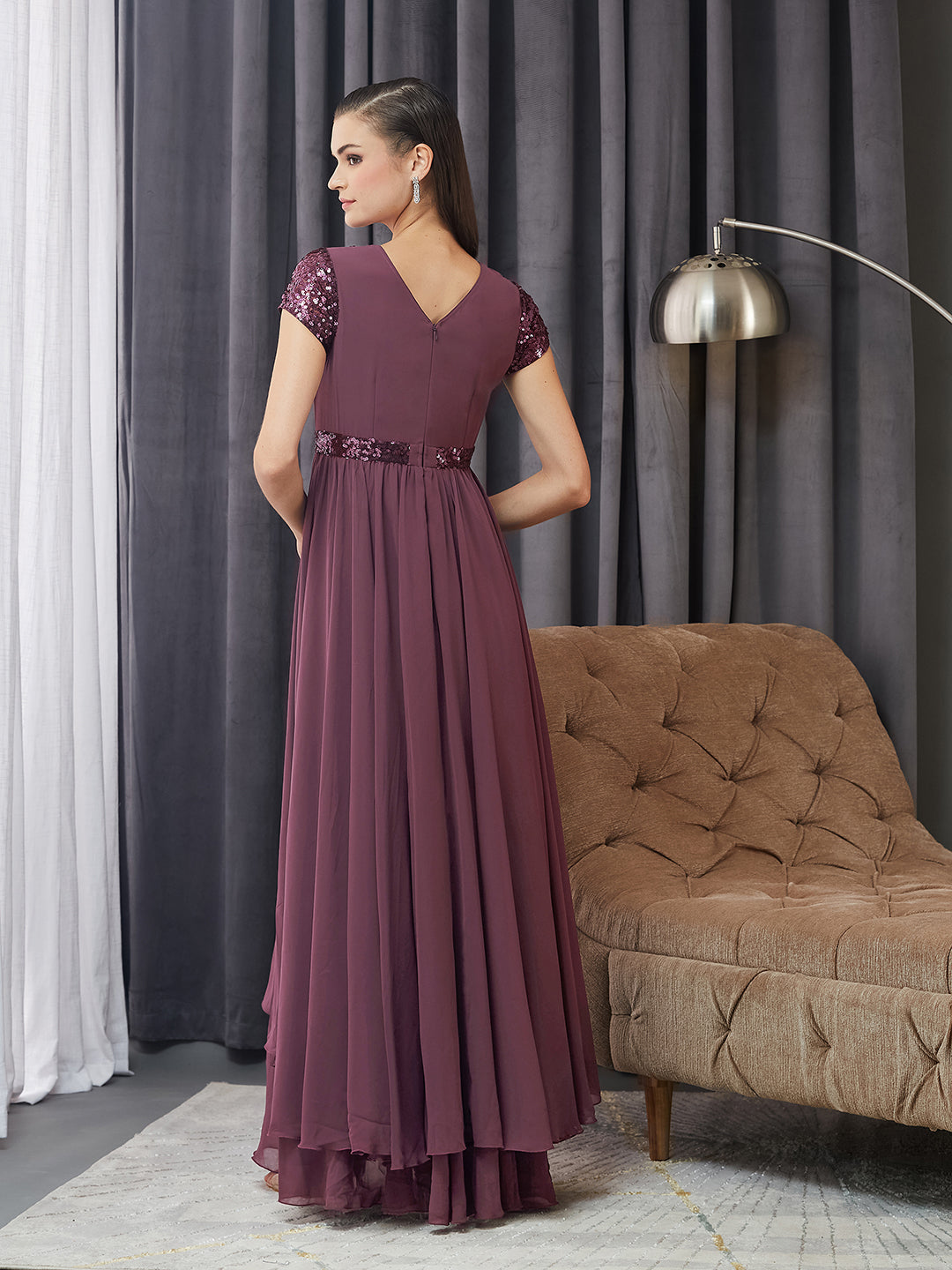 Women's Mauve Keyhole Short Sleeve Embellished Layered georgette Maxi Dress