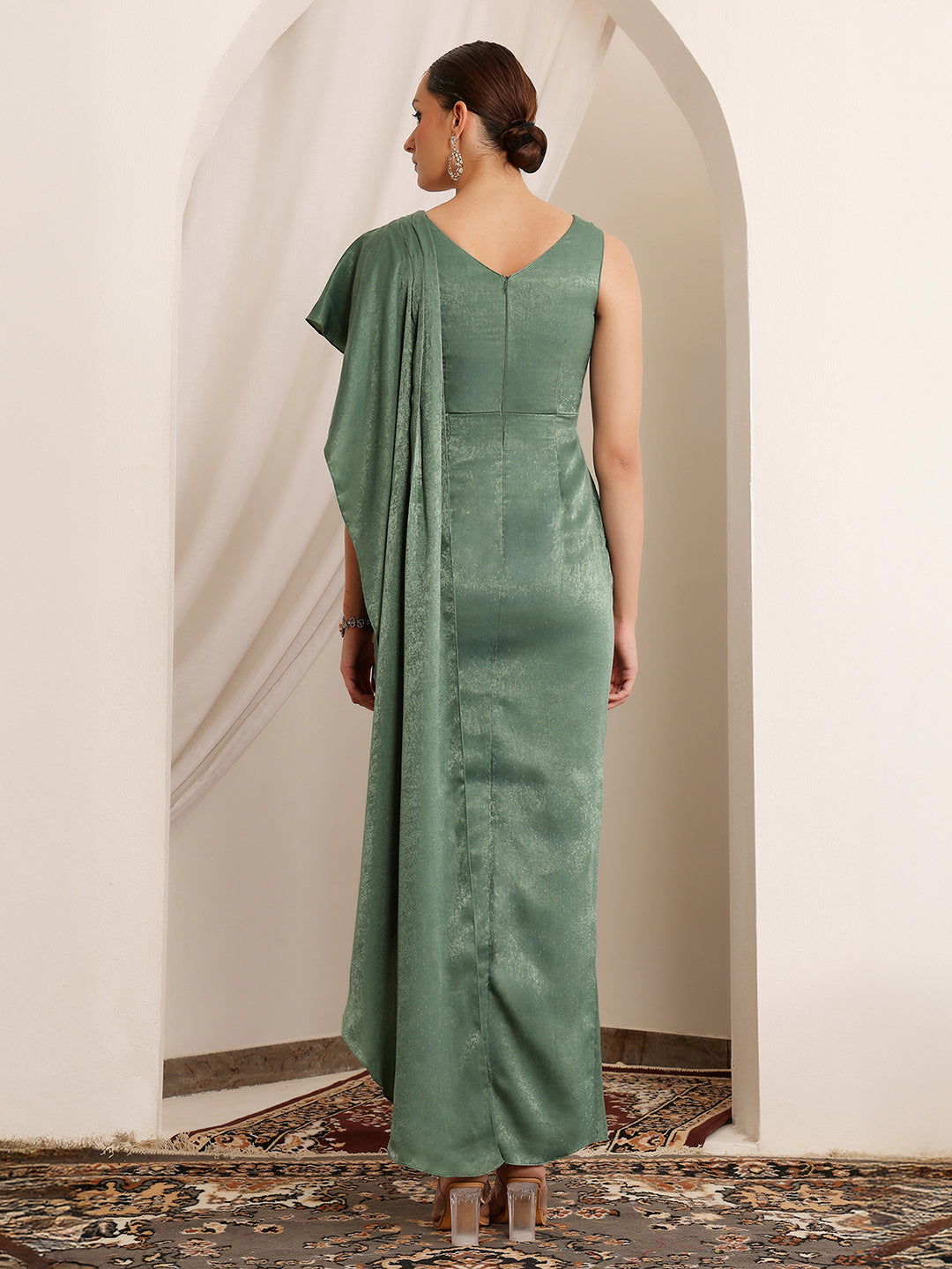 Tota Mirage Sage Green Embroidered Satin Maxi Dress