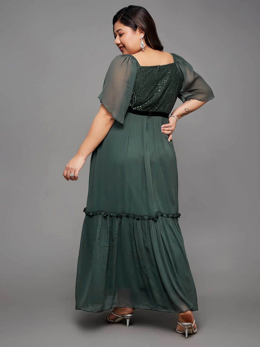 Body Bliss Dark Green Embellished Chiffon Tiered Longline Dress