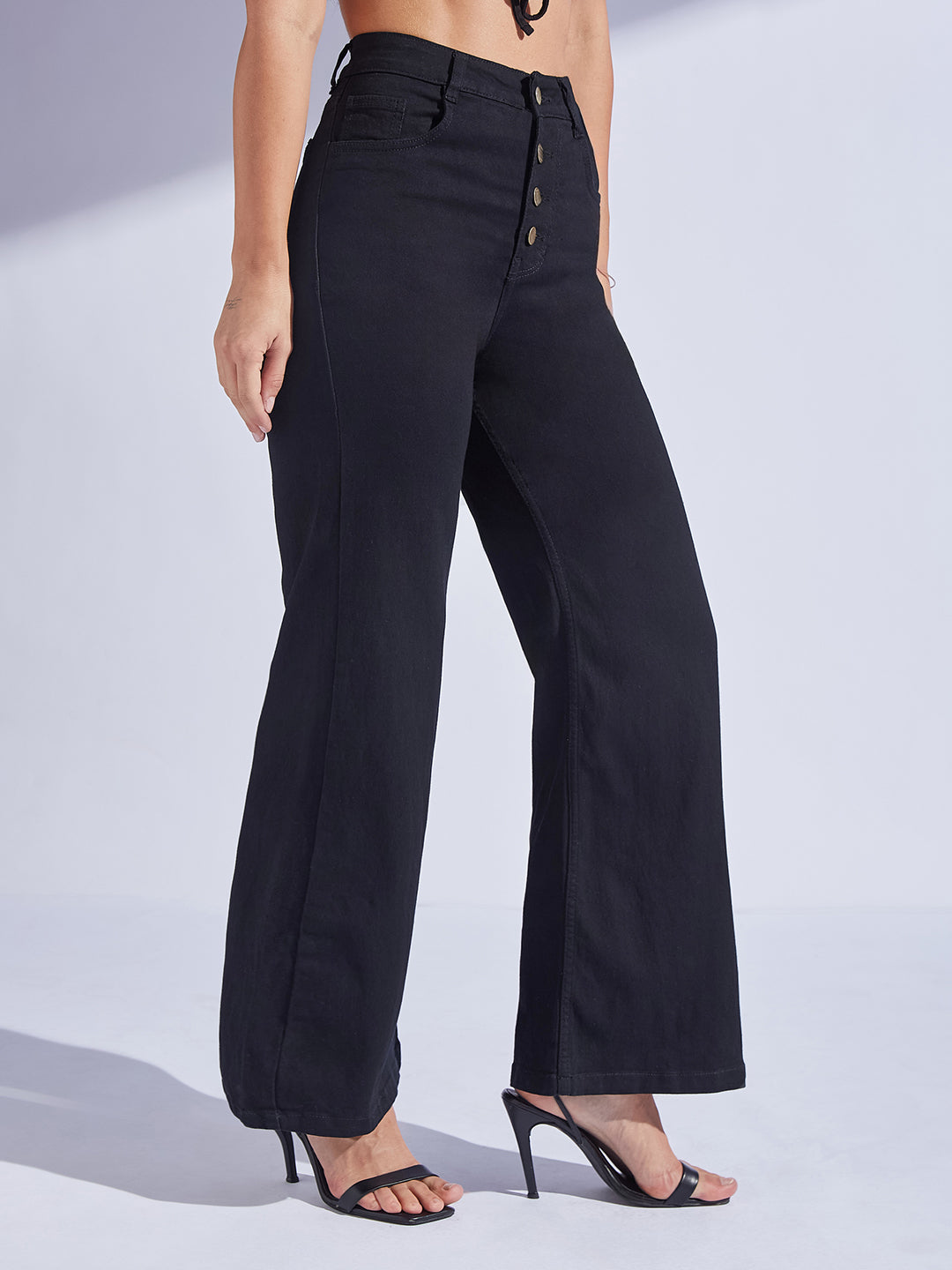 Women's Black Wide Leg High-Rise Regular Stretchable Denim Jeans