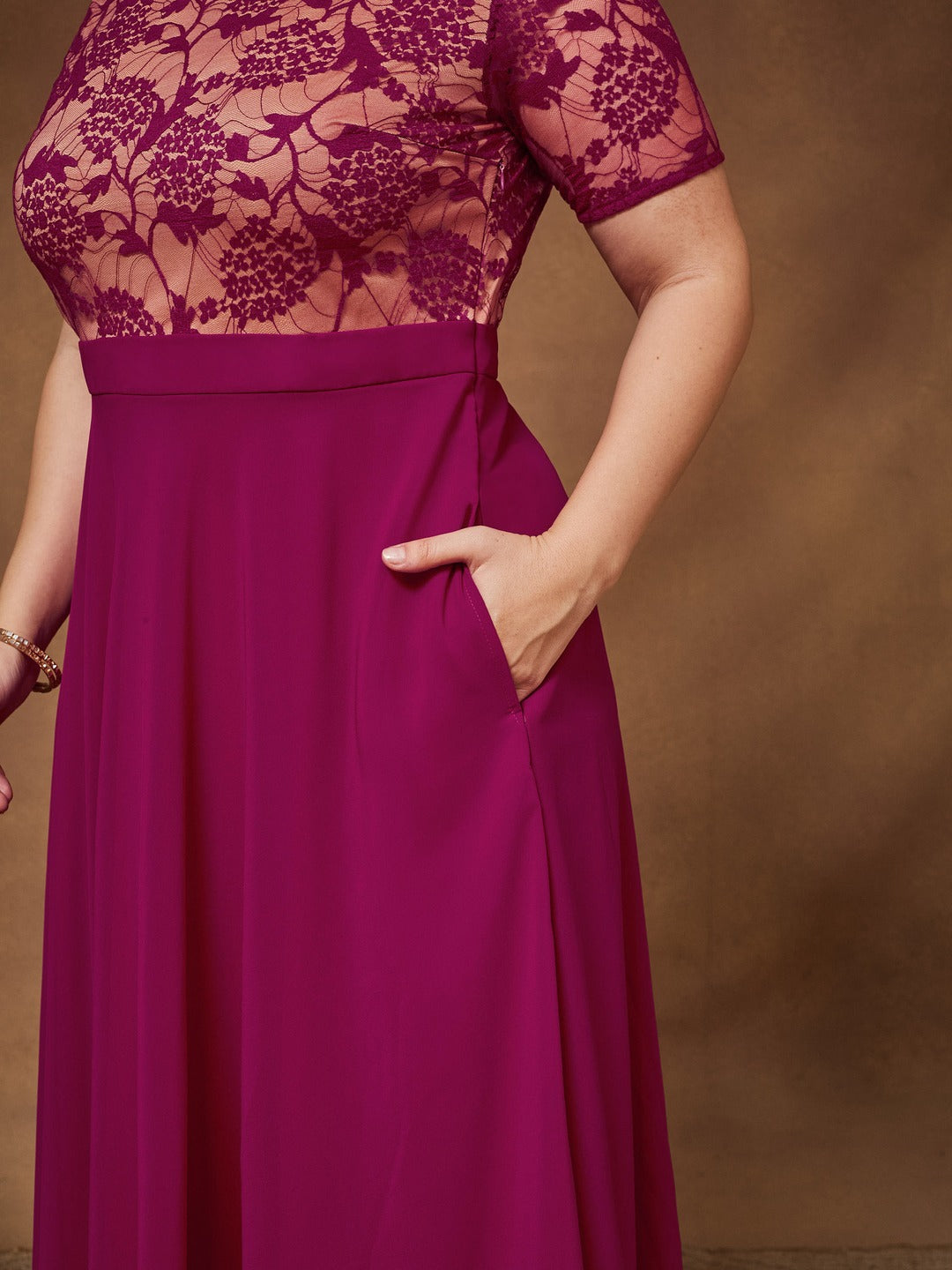 Dark Pink Round Neck Half Sleeve Self-Designed Fit & Flare Georgette Maxi Dress for Women