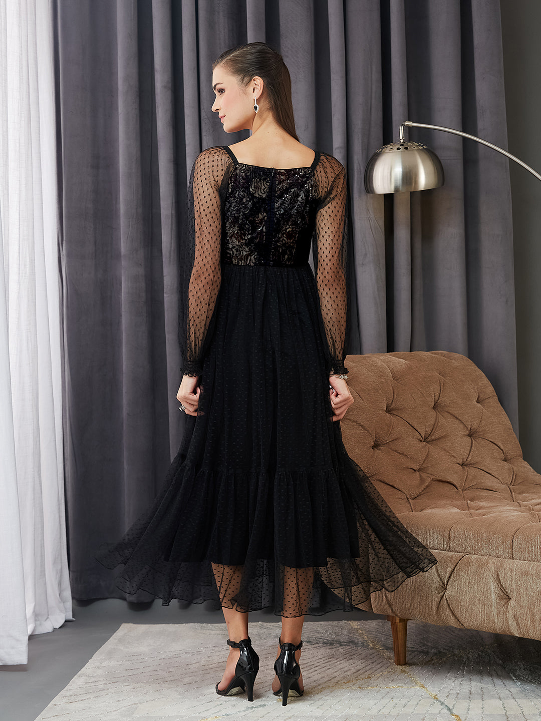 Women's Black Square Neck Raglan Sleeve Floral Tiered Midi Dress