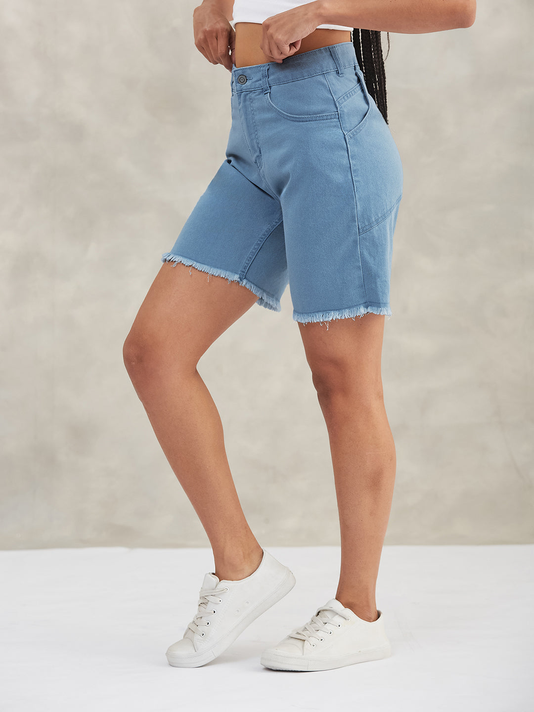 Light-Blue High-Rise Above-Knee Stretchable Denim Shorts for Women — Dolce Crudo