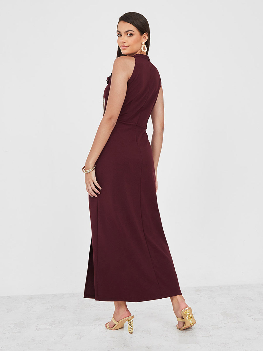 Women's Wine Red Fringed Halter-Neck Sleeveless Solid Maxi Front Slit Dress