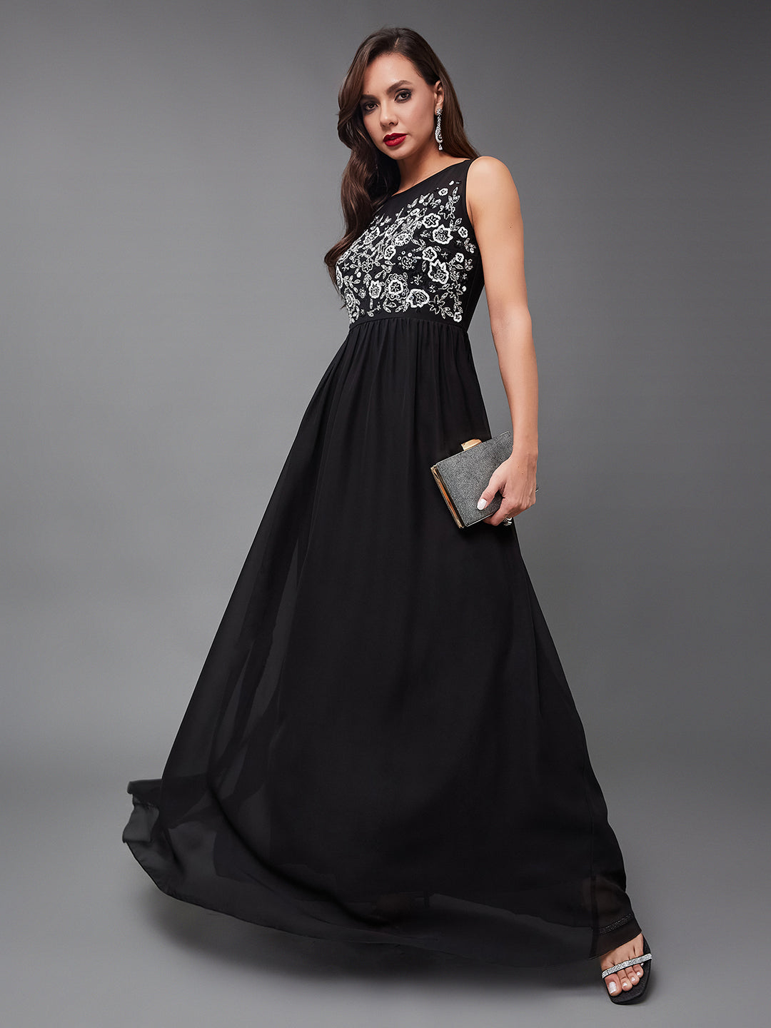 Black Sleeveless Fit and Flare Sequinned Maxi Dress Long Dress Frock for Women
