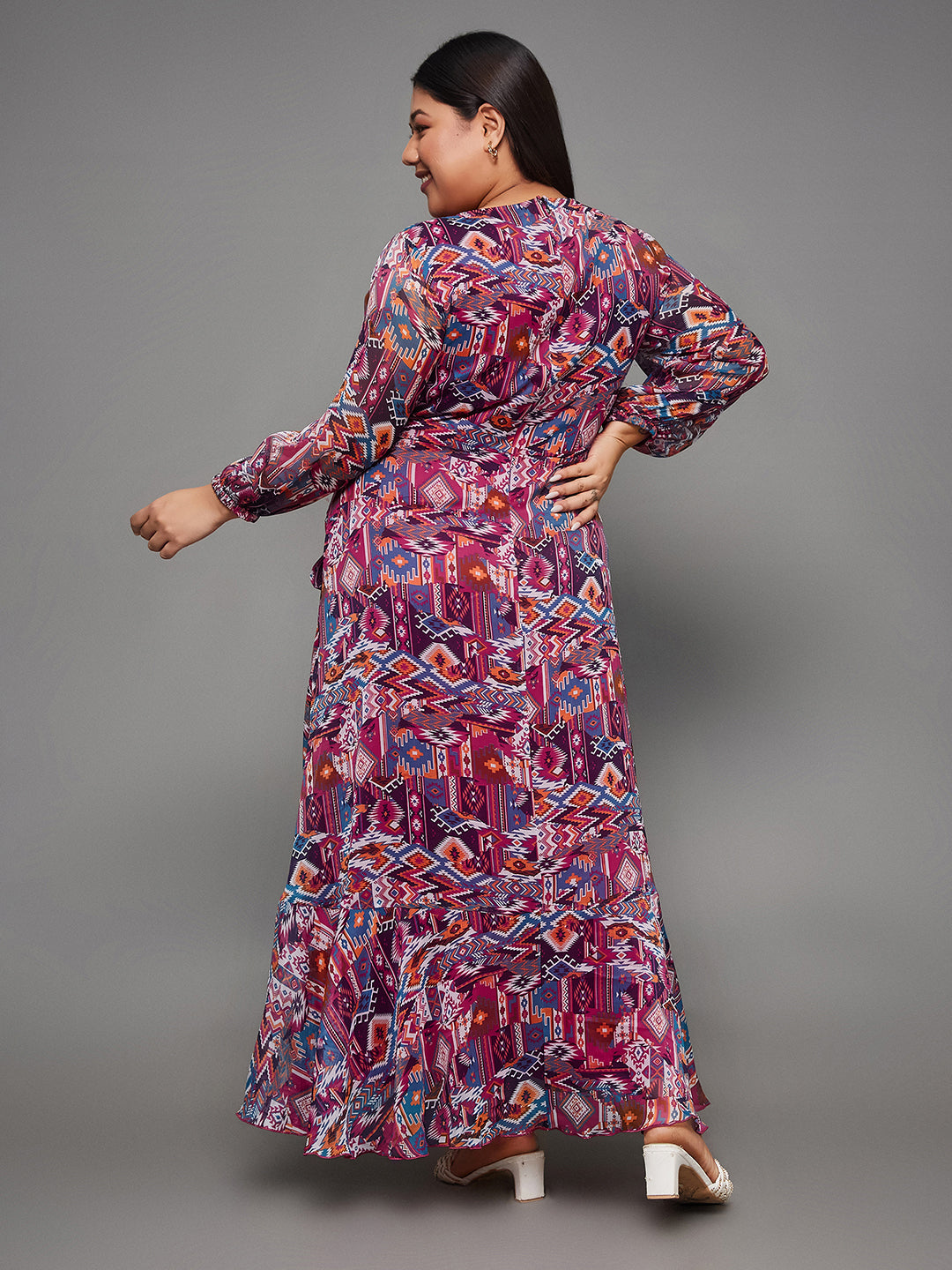 Body Bliss Multicolored Geometric Patterned Wrap Midi Chiffon Dress