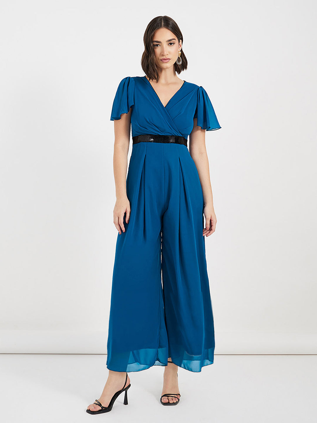 Women's Royal Blue Solid Relaxed Fit Short Sleeve V-Neck Ankle-Length Straight Jumpsuit