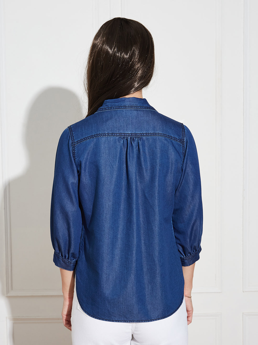 Women's Dark Blue Collar-Neck Puff-Sleeve Solid-Colored Light Weight Denim Tunic Top