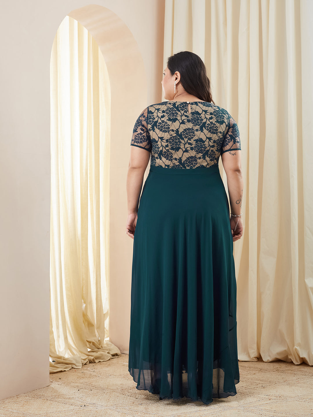 Teal Round Neck Half Sleeve Self Design Fit & Flare Georgette Maxi Dress for Women — Miss Chase A+