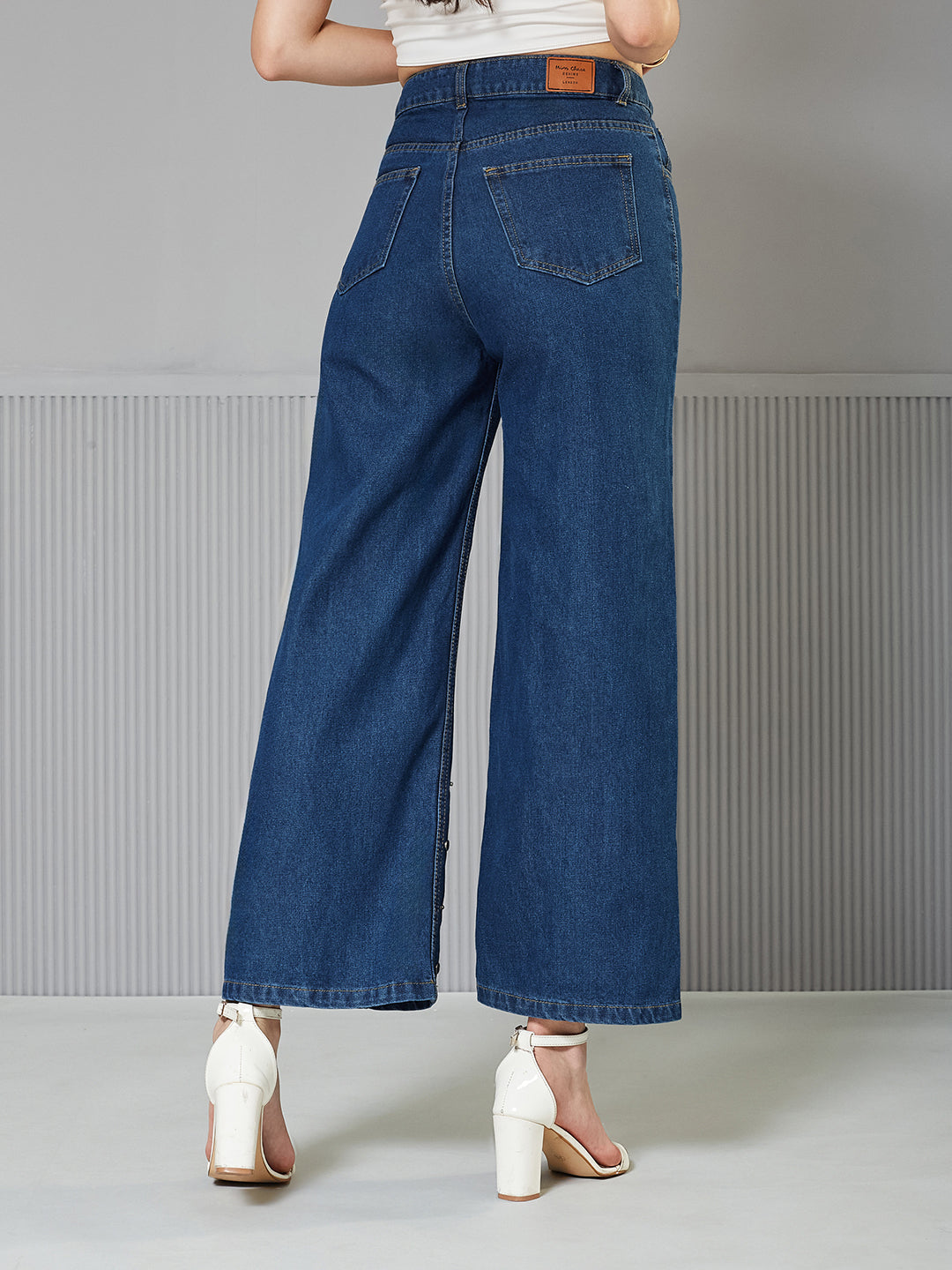Navy Blue Wide-Leg High-Rise Denim Jeans for Women
