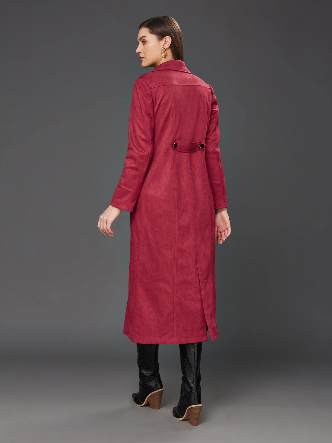 Women's Dark Red Solid V-Neck Full Sleeves Patched Pocketed Polyester Button Down Longline Winter Wear Blazer Jacket