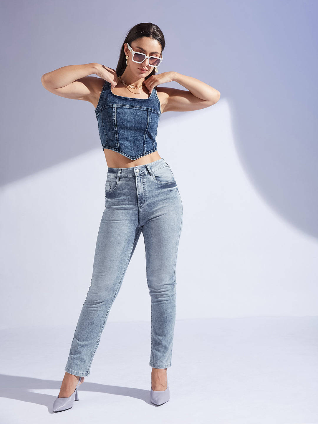 Women's Navy Blue Square Neck Sleeveless Zipper Corset Denim Crop Top