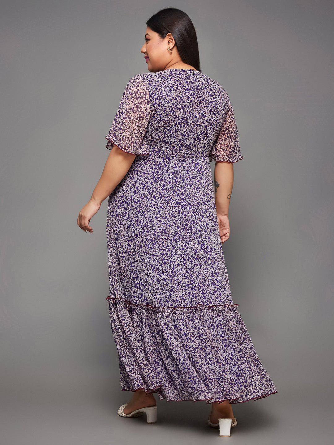 Body Bliss Multicolored-Base-Purple Floral Wrap Chiffon Maxi Dress