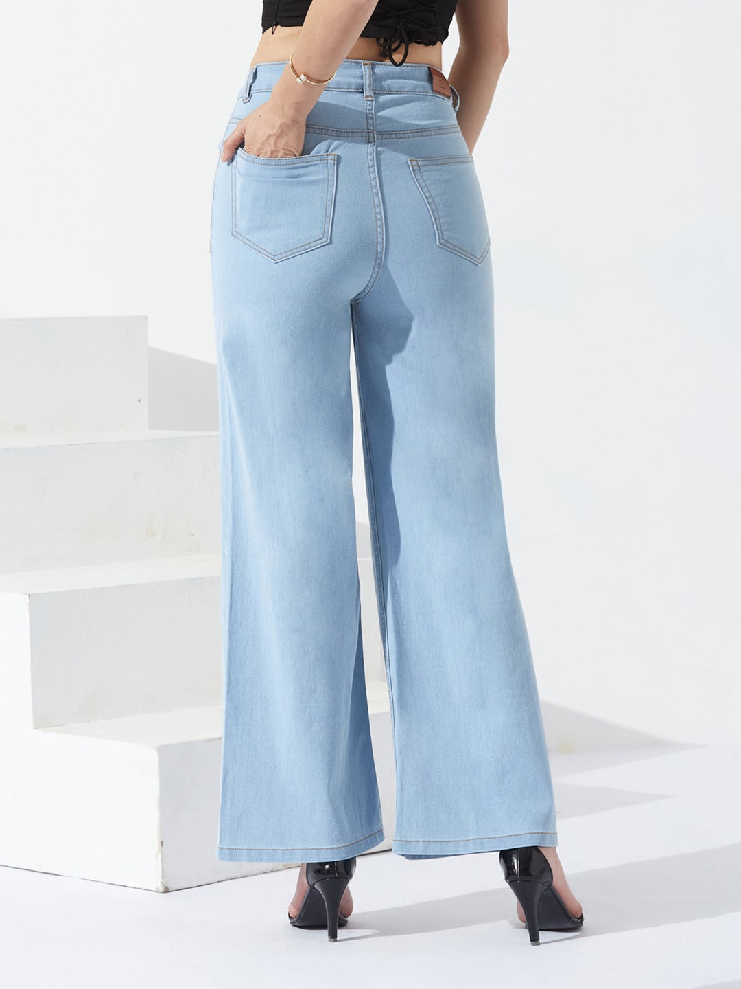 Light Blue High-Rise Wide Leg Stretch Denim Jeans with Tie-Up Waist for Women