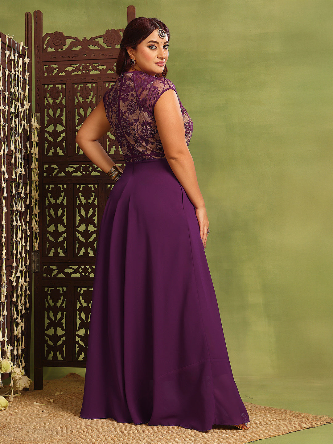 Dark Purple Floral Cap Sleeves Fit and Flare Lace Maxi Dress for Women