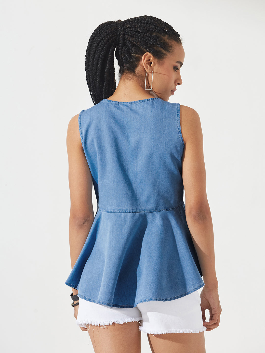 Blue Round Neck Sleeveless Denim Front Open Solid Hooded Peplum Top for Women