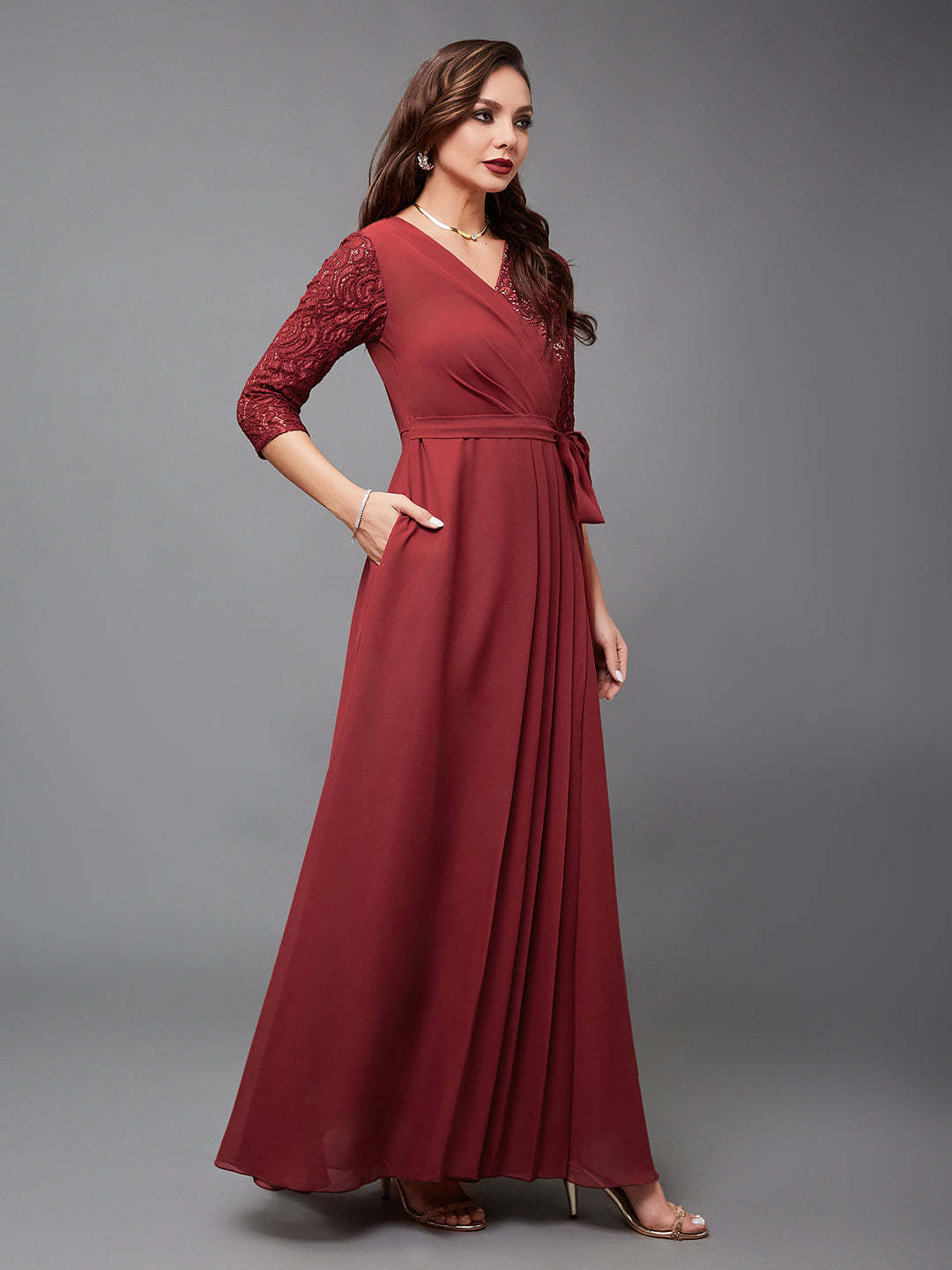 Women's Brick Red V-Neck 3/4 Sleeve Self-Designed Wrap Styled Georgette Maxi Dress