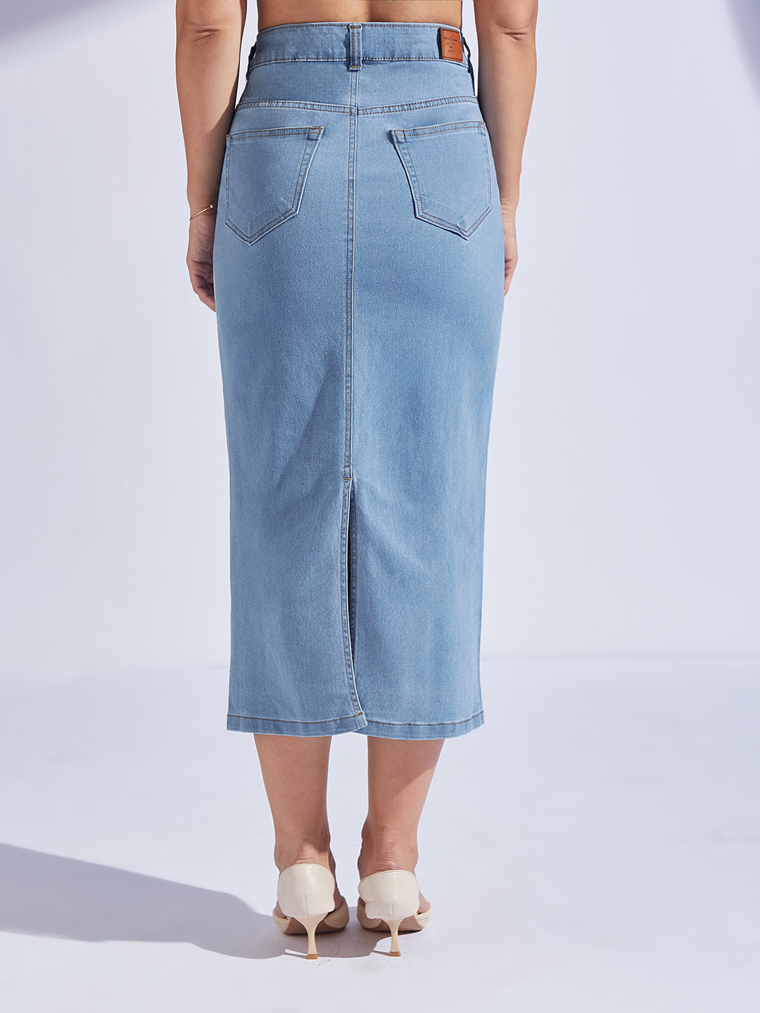 Women's Light Blue Straight High-Rise Midi Stretchable Denim Skirt