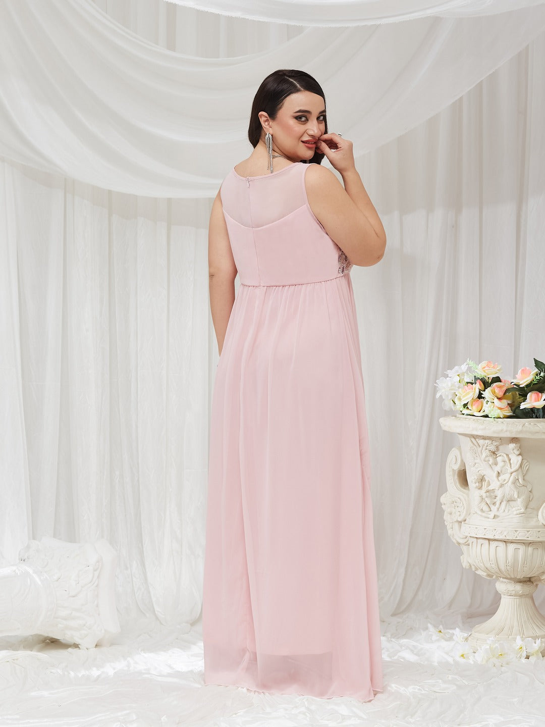 Dusty Pink Boat Neck Sleeveless Embellished Gathered Regular Dress for Women — Miss Chase A+