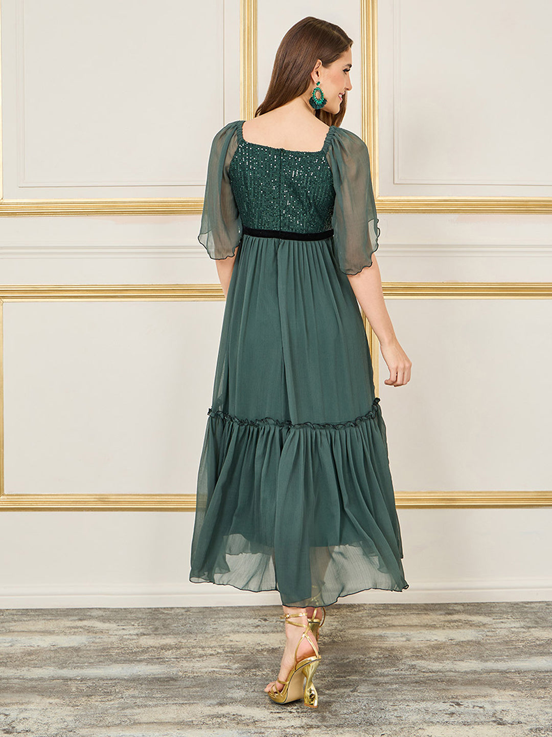 Women's Dark Green Embellished Square-Neck Flared Sleeves Side Pocketed Chiffon Tiered Longline Dress