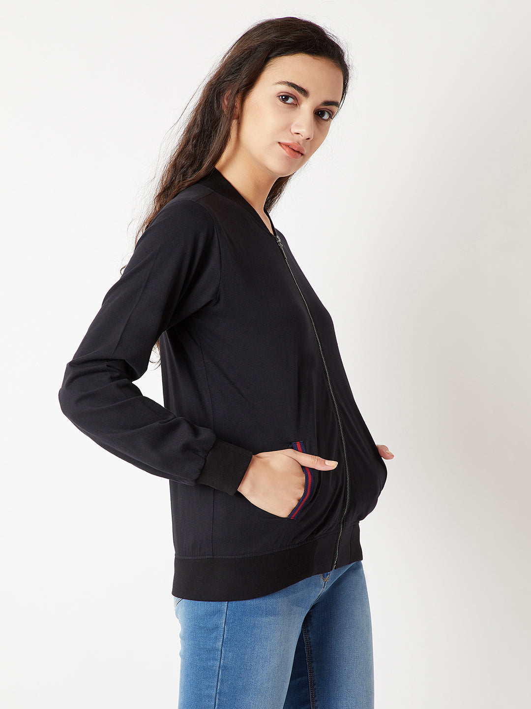 Women's Black Round Neck Full Sleeve Cotton Solid Multicolored Twill Tape Detailing Bomber Jacket